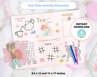 May include: A pink and white printable tea party activity placemat with a teacup, teapot, and macarons. The placemat includes a word search, tic-tac-toe game, and a maze. The placemat is 8.5 x 11 inches or 11 x 17 inches.