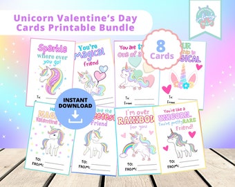 Printable Unicorn Valentines Day Cards, Valentines Day Non Candy, Kids Valentine, Printable VDay Cards Bundle