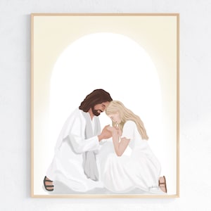 Painting of Jesus Praying With Woman | Sympathy Gift for Woman | Modern Christian Wall Art