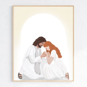 Painting of Jesus Praying With Woman | Sympathy Gift for Woman | Modern Christian Wall Art