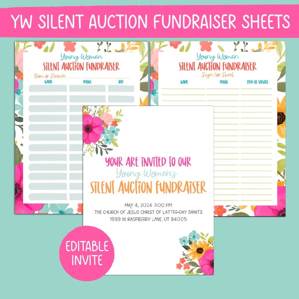 Young Women’s Fundraiser Kit | YW Silent Auction Sheets | LDS Girls Camp Fundraiser Printables