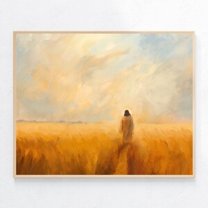 May include: A painting of a person walking through a field of golden wheat towards a bright, cloudy sky.