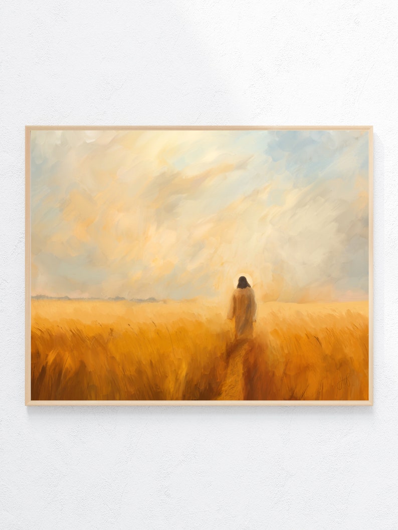 May include: A painting of a person walking through a field of golden wheat towards a bright, cloudy sky.