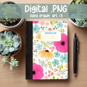 Floral Composition Notebook Cover: Printable PNG, Back to School Craft