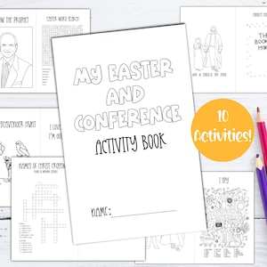 May include: A black and white activity book with the title "My Easter and Conference Activity Book" and a yellow circle with the text "10 Activities!"  The book includes activities such as a word search, connect the dots, and a scavenger hunt.