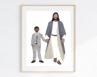 Art du baptême SDJ : portrait de Jésus et d'un garçon (téléchargement numérique)