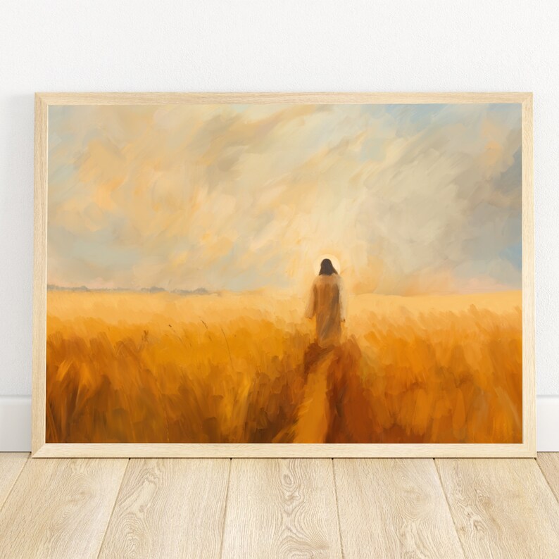May include: A painting of a person walking through a field of tall grass towards a bright light in the sky. The sky is a mix of blue and white with clouds. The grass is a golden yellow color.
