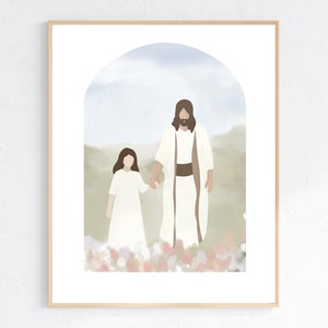 Imagen de Jesús para niña / Arte mural cristiano imprimible / Él me guía / Regalo de bautismo