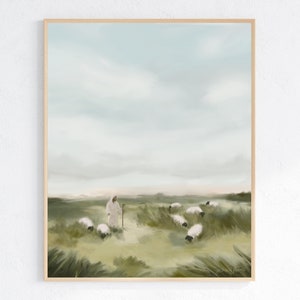 The Pasture He Provides | LDS Art | Jesus With Sheep | The Good Shepherd | Painting of Jesus | Easter Art | Moody Landscape | Christian Art
