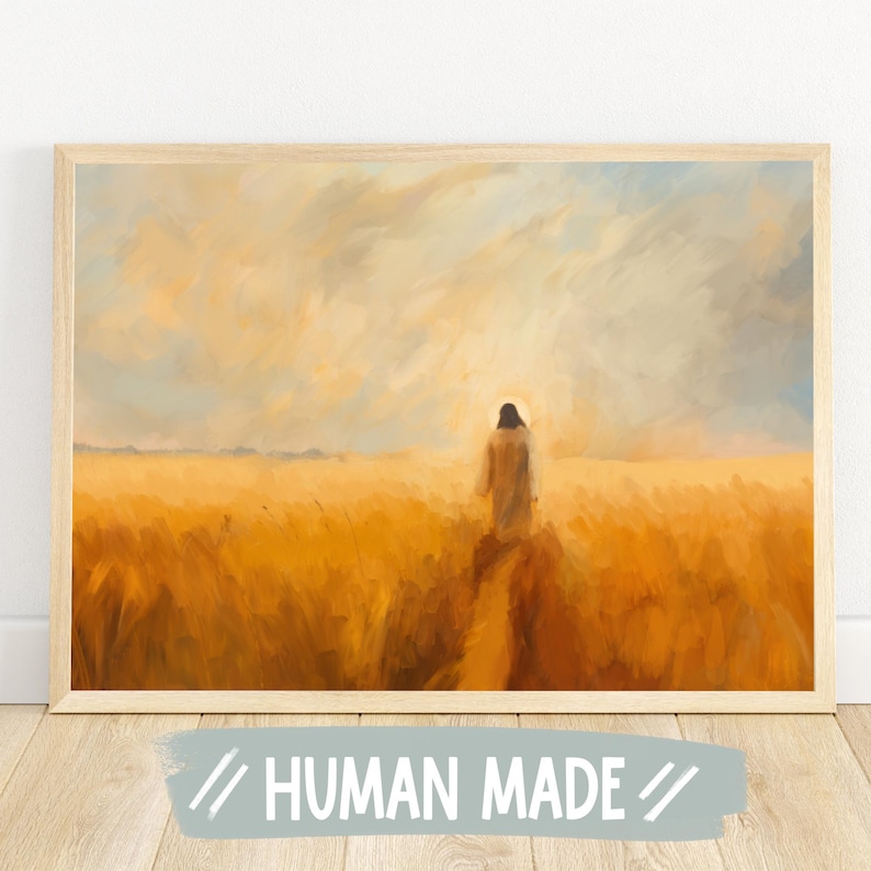 Jesus in Wheat Field Art: Human-made Christian Landscape Painting image 1