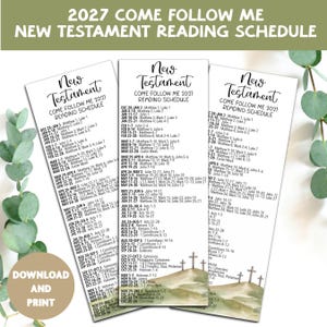 Op de afbeelding: Drie verticale bladwijzers van wit papier met het 2027 New Testament Come Follow Me leesrooster. Elke bladwijzer toont een lijst met bijbelverwijzingen, de titel New Testament en een aquarelillustratie van drie kruisen.