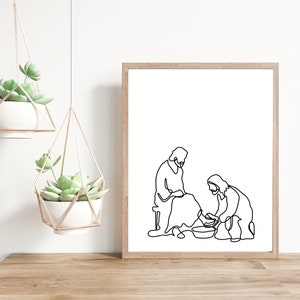 Jesus Washing Feet | Christian Line Art | Modern Jesus Art | Minimalist