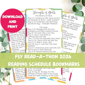 Puede incluir: Un conjunto de marcadores coloridos con un programa de lectura para el FSY Read-A-Thon 2026. Los marcadores presentan textos sobre Jesucristo, Dios y temas relacionados. Un círculo rosa con las palabras "Descargar e imprimir" está en la parte superior izquierda.