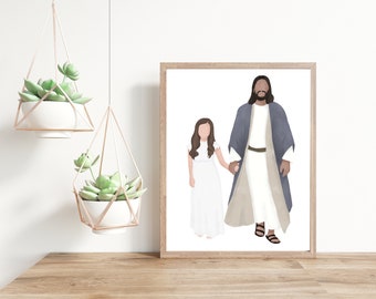 Puede incluir: Una ilustración de acuarela de un hombre y una mujer tomados de la mano. El hombre lleva una túnica azul y beige y la mujer lleva un vestido blanco. El fondo es blanco.