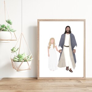 Puede incluir: Una ilustración digital de un hombre y una mujer tomados de la mano. El hombre lleva una túnica azul y beige y la mujer lleva un vestido blanco. El fondo es blanco.