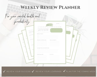 Weekly Review Planner - digital product for productivity and mental health, printable PDF in 4 sizes, A4, A5, US Letter and US half letter