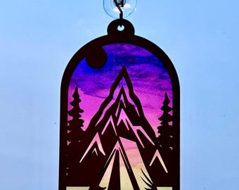 Camping Suncatcher SVG | Mountain Sun Catcher Ornament | Tent Life Cut File | File For Lightburn & Glowforge | Laser Cut DIGITAL FILE