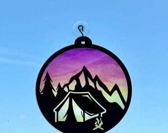 Camping Suncatcher SVG | Mountain Sun Catcher Ornament | Tent Life Cut File | File For Lightburn & Glowforge | Laser Cut DIGITAL FILE