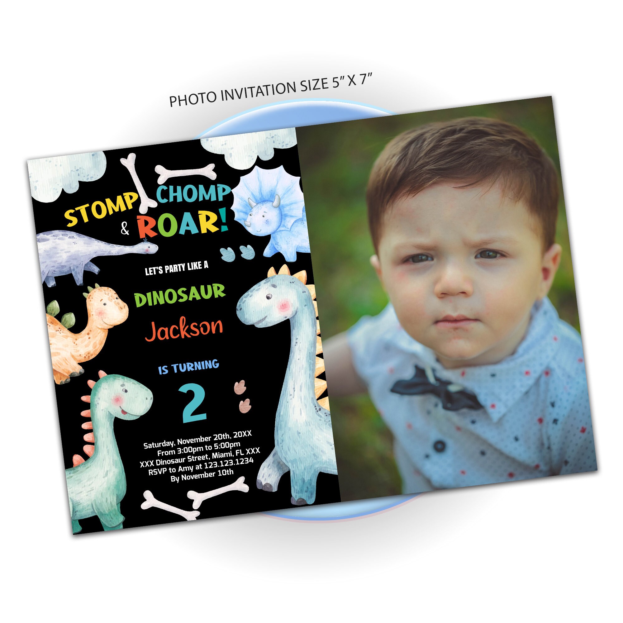 Blue Green Dinosaur Birthday Invitation With Photo Printable Etsy