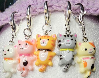 Resin Kitten Crochet Stitch Markers: Silver Lobster Claw Clasp, Set of 5