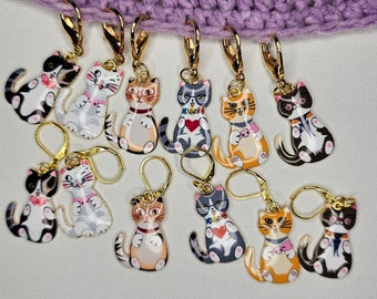 Cartoon Cat Enamel Stitch Markers: Choose Crochet Or Knitting Clasps. Set of 6