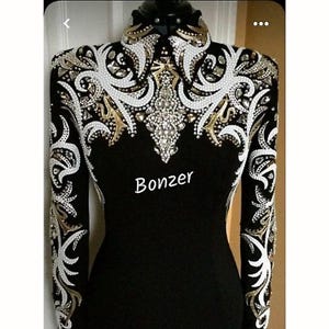 May include: Black long-sleeved shirt with white and gold embroidery and rhinestones. The shirt has a high collar and a fitted silhouette. The text "Bonzer" is printed on the front of the shirt.