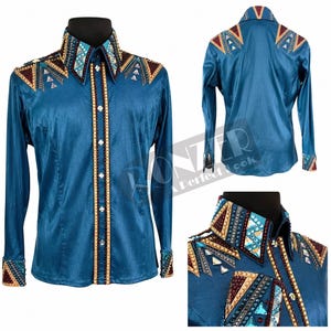 Horsemanship Shirt in Teal Blue, Crystal Western Competition Wear for Riders