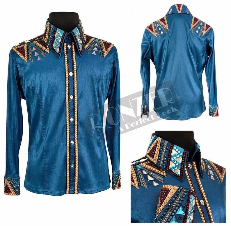 Horsemanship Shirt in Teal Blue, Crystal Western Competition Wear for Riders