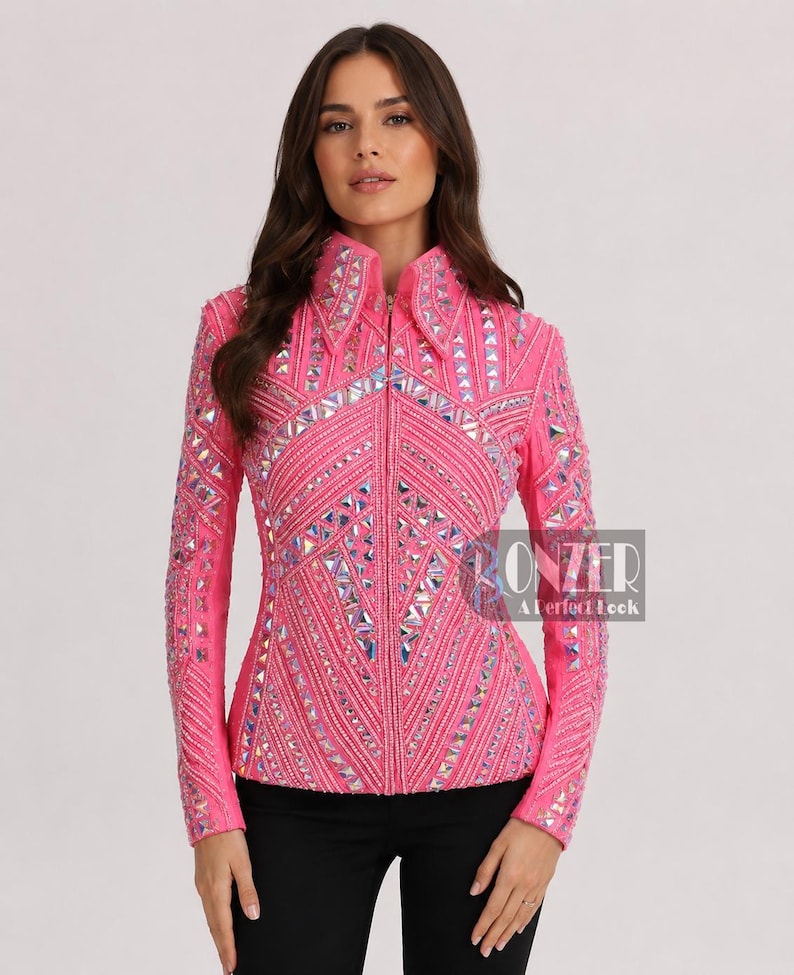 Close up of premium rhinestone craftsmanship on custom rodeo jacket with reflective crystal embellishments
