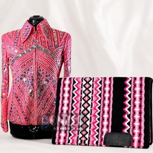 Back view of custom horse show jacket with sparkling rhinestones designed for western performance riders