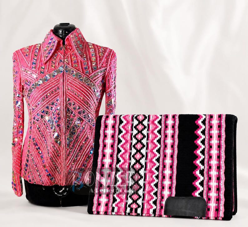 Back view of custom horse show jacket with sparkling rhinestones designed for western performance riders