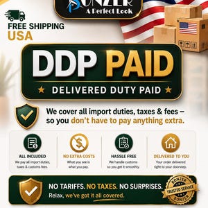 May include: An informational graphic featuring the Bonzer A Perfect Look logo, a United States flag, and cardboard boxes. The text reads DDP PAID DELIVERED DUTY PAID, We cover all import duties, taxes & fees, NO TARIFFS. NO TAXES. NO SURPRISES.