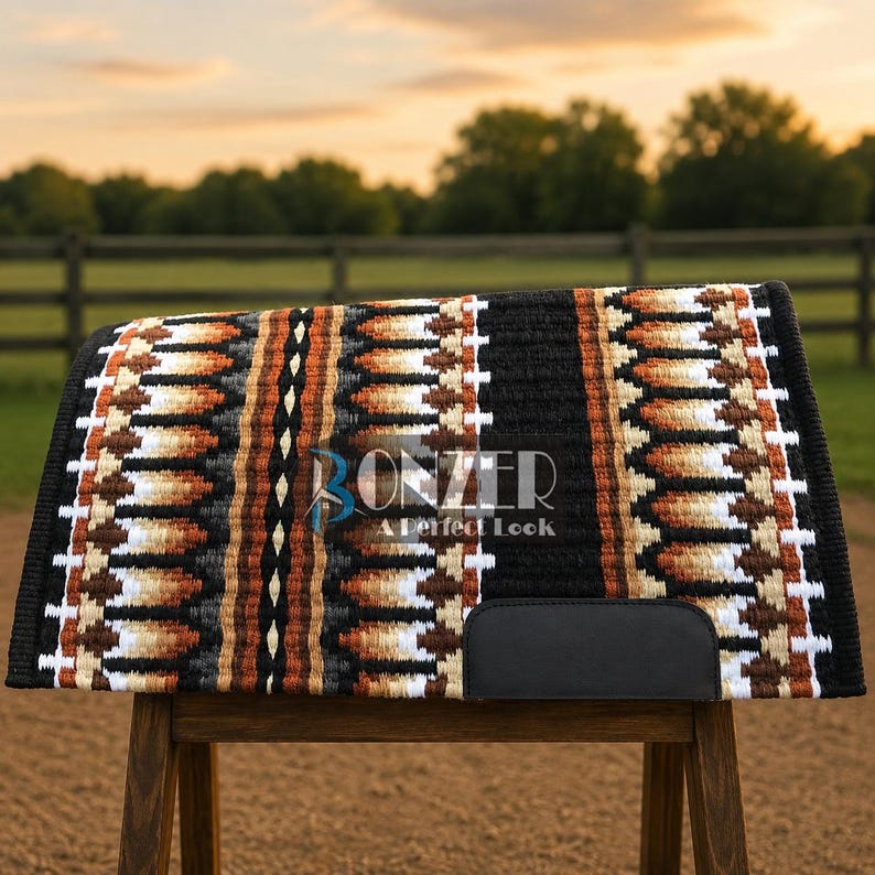 Black and rust western show pad with geometric wool pattern front view