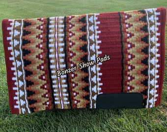Handwoven Wool Western Saddle Pad: Maroon, Mustard Tribal Design