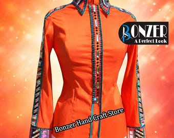 Orange Western Show Shirt for Women | Crystal Rodeo Show Shirt Showmanship Horsemanship Horse Show Shirt Western Pleasure Rodeo Queen Shirt