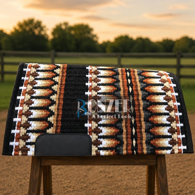 Western saddle pad with rust orange and white geometric stripes