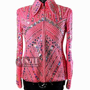 Front view of pink custom show jacket with rhinestone details for western showmanship and rodeo events