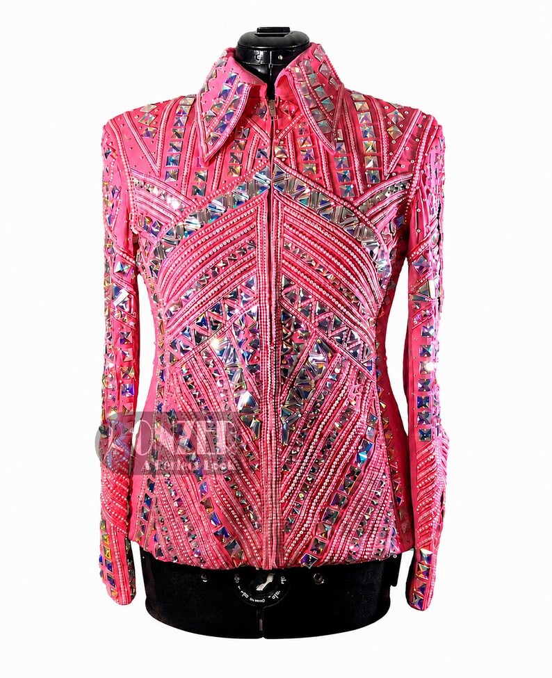 Front view of pink custom show jacket with rhinestone details for western showmanship and rodeo events