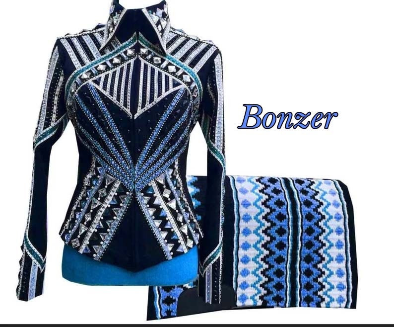 VESTE WESTERN POUR ÉQUITATION ET SHOW - Noire Avec Cristaux Et Parement Bleu - Occasion (bon état)
