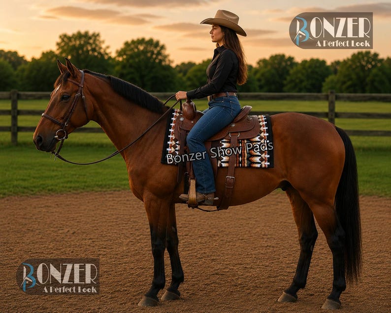 Western horse riding pad in black and cream with woven pattern