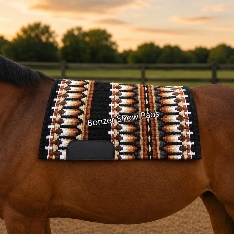 Thick wool western saddle blanket with charcoal grey tribal details
