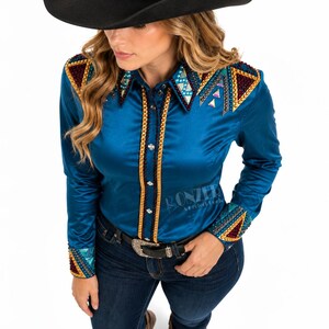 Western Show Shirt Collar Detail with Sparkling Crystals and Geometric Design
