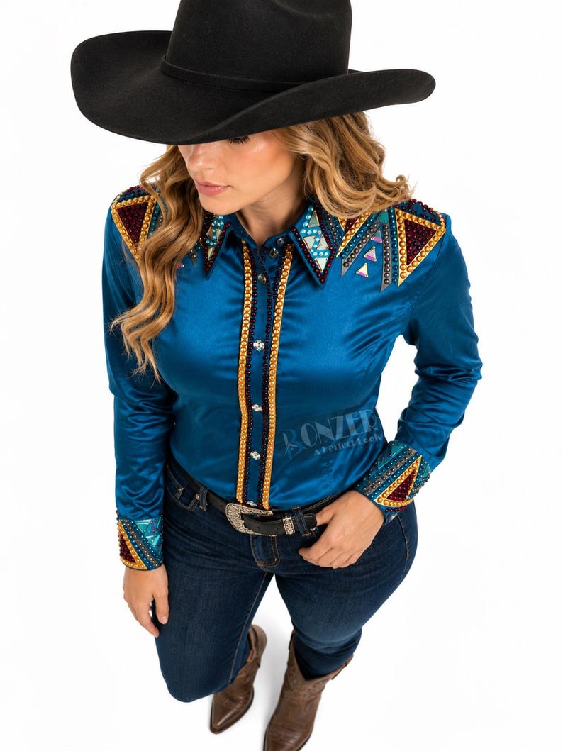 Western Show Shirt Collar Detail with Sparkling Crystals and Geometric Design