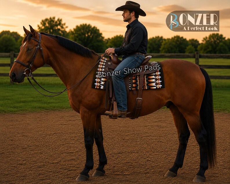 Black and tan cowboy saddle pad with handwoven southwestern design