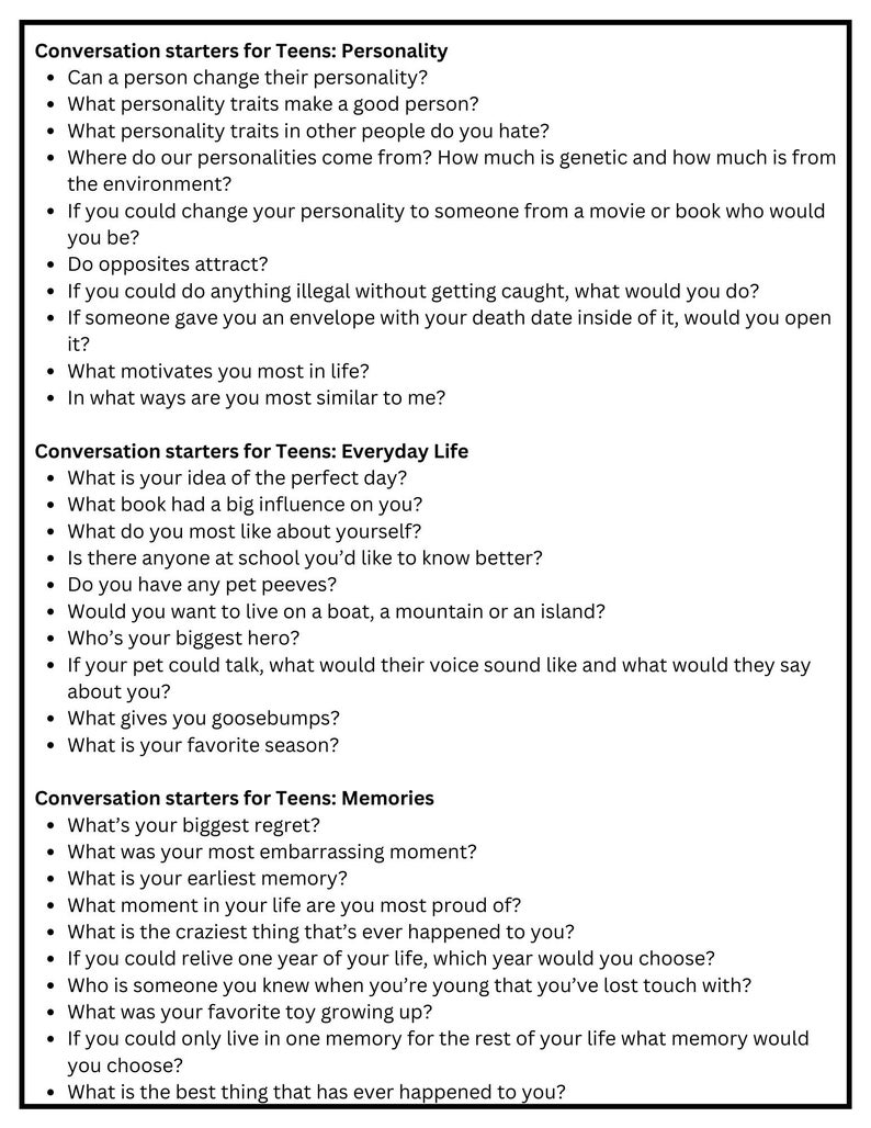 Conversation Starters for Teens Tweens Kids and Adults Road Etsy
