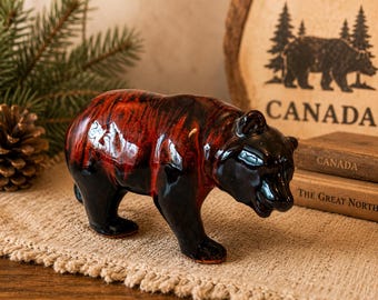 Vintage Canuck Pottery Bär Figur Quebec Rot & Braun glasierte kanadische Wildtierdekor rustikale Cabochon-Sammlerstück