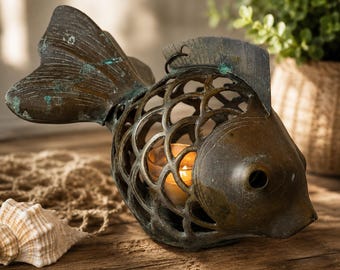Vintage Messing Fisch Laterne Kerzenhalter Nautische Dekor Patina Hängende Laterne Garten Akzent
