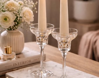 Vintage Diana Crystal Candlesticks Pair, Elegant Glass Taper Holders, Mid Century Style Stem Candle Holders, Wedding Table Decor