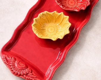 Vintage Appolia Servierset aus französischer Keramik - Rechteckige Platte + 2 Sonnenblumenschalen - France Stoneware