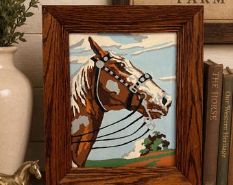 Vintage Gerahmtes Pferd Malen nach Zahlen Art | Western Reiter Wand Dekor | Rustikales Pferdeportrait im Ranch Stil | Mid Century Kunstwerk mit Holzrahmen